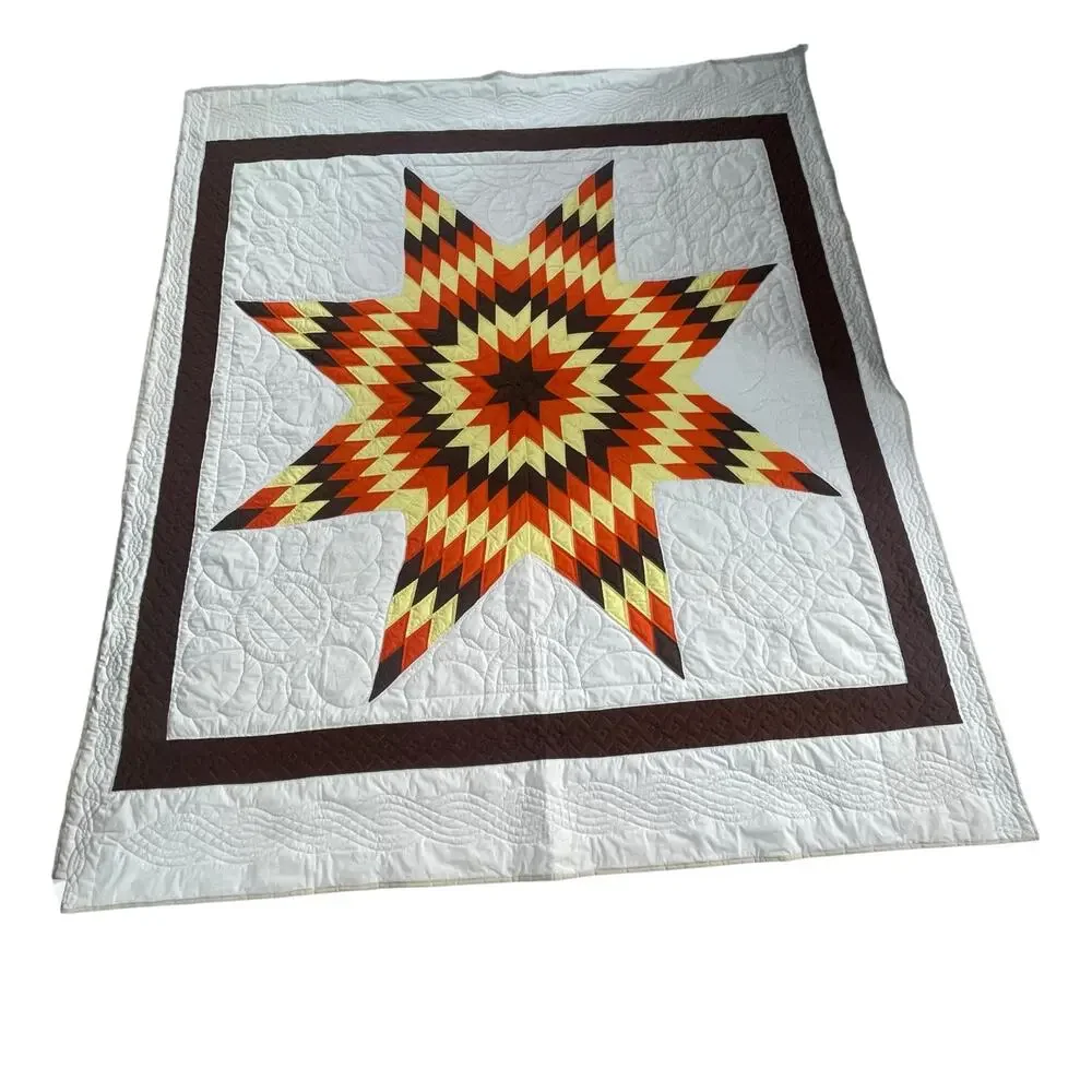Vintage Handmade Harvest Lone Star Quilt Texas Orange Brown Fall Autumn *READ*